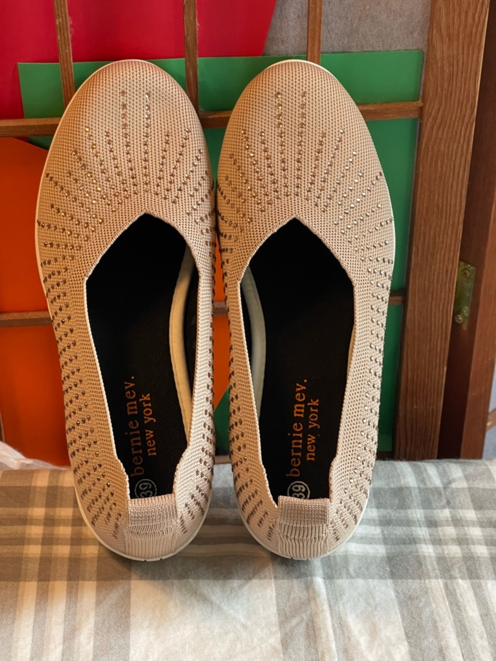 bernie mev. Beige Knit Slip-On Flats with Subtle Shimmer